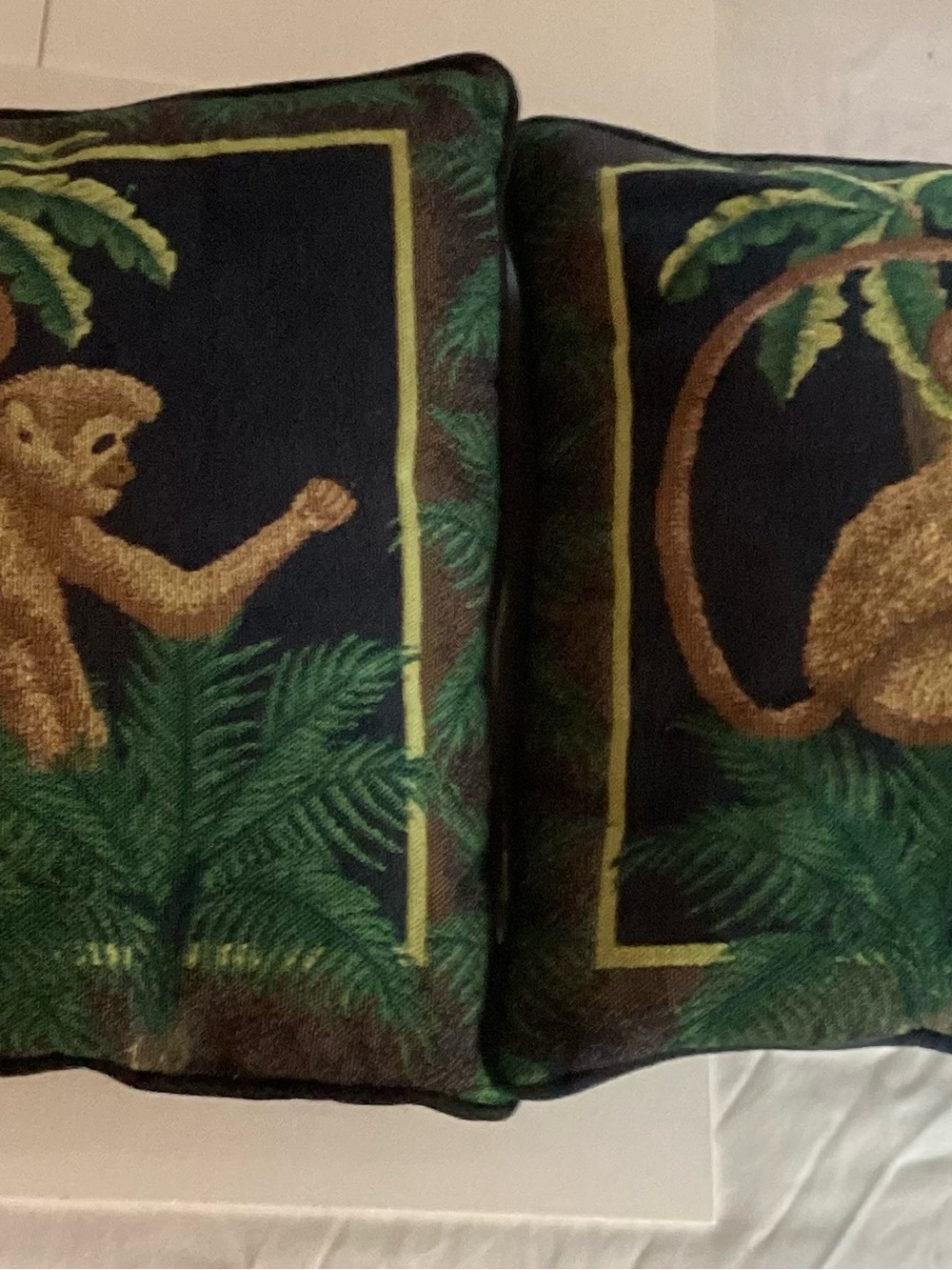 Vintage Pair Of Tapestry Throw Pillows Featuring Monkey Palm Tree Jungle Rare